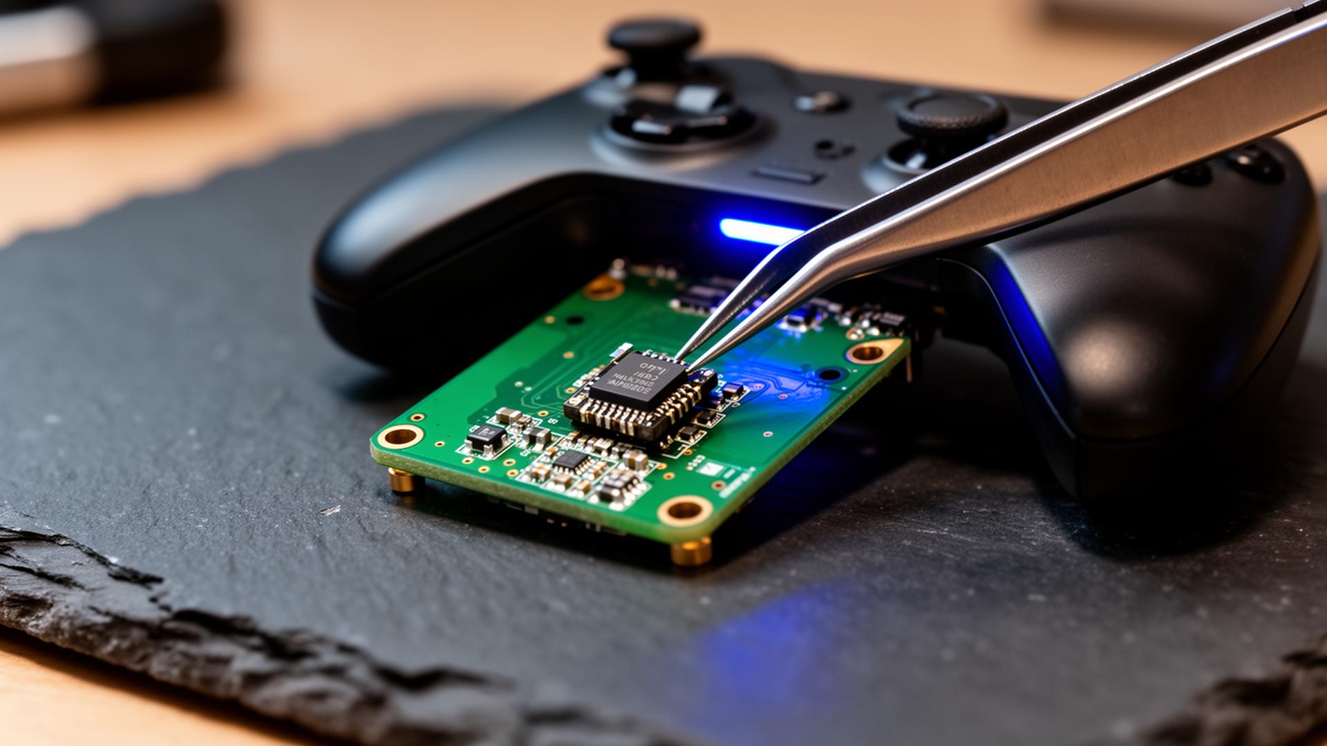 Precision tweezers installing a Hall effect sensor onto a controller PCB
